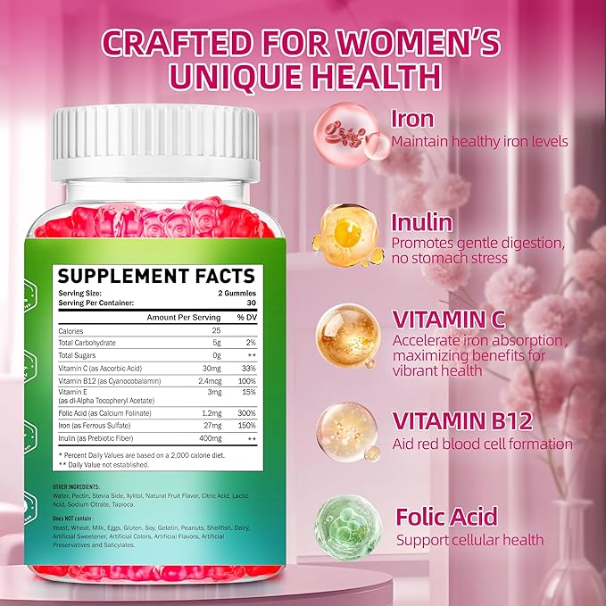 Iron Gummies for Women - Strawberry Flavored Blood Builder Iron Supplement with Vitamin C,E, B & Folic Acid - Health Blood & Energy Support for Iron Deficiency - Gentle Support, Daily Wellness|60 ct
