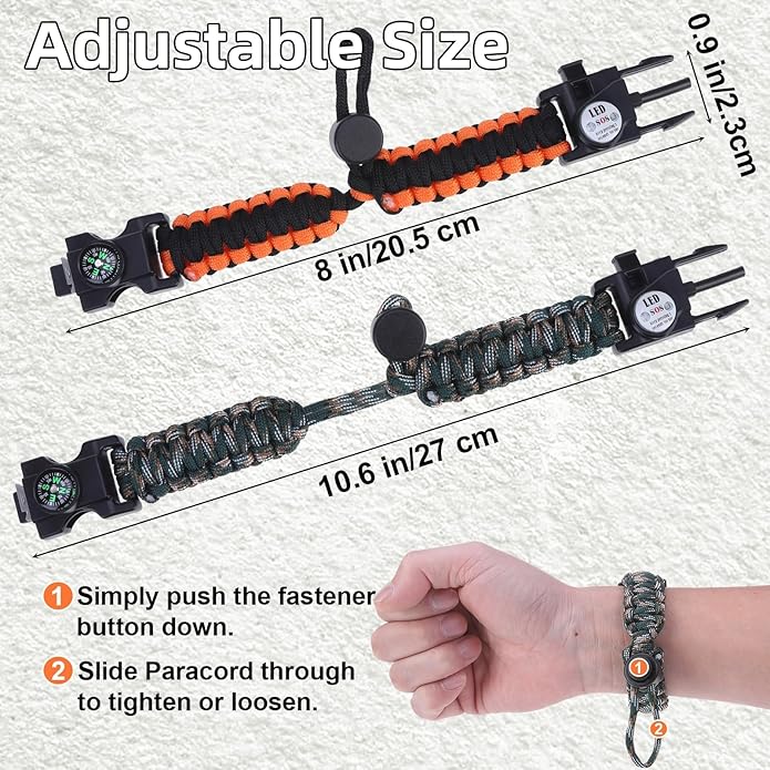 Adjustable Survival Paracord Bracelet, 2 Pack Emergency Fire Starter Kit with Loud Whistle Compass Light Flint Steel for Hiking Fishing Hunting, Tactical Gear Equipment Multitools