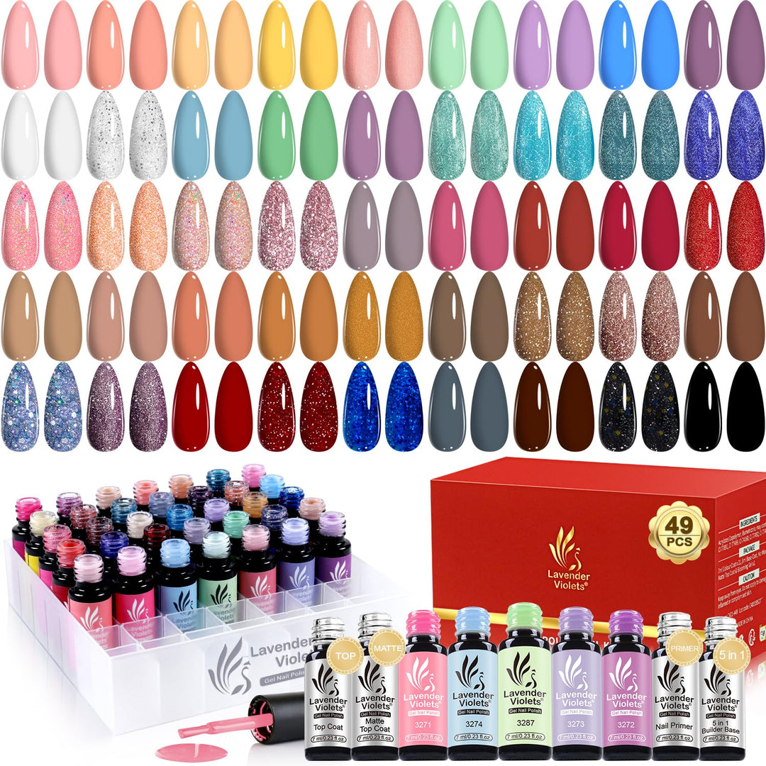 Lavender Violets 49 Pcs Gel Nail Polish Set, 45 Colors Gel Polish U V LED with Base, Glossy & Matte Top Coat for Nail Art Designs A907