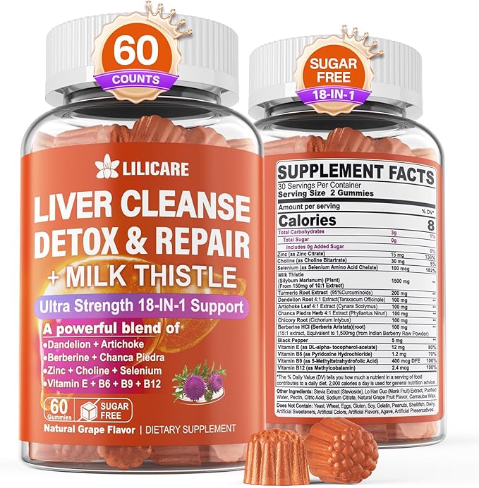 1Pack Milk Thistle Liver Detox Gummies, 18-in-1 Liver Cleanse Detox & Repair Supplement with Organic Berberine, Chicory Root, Turmeric, Artichoke, Dandelion Root, Chanca Piedra, Vitamins B6 B9 B12