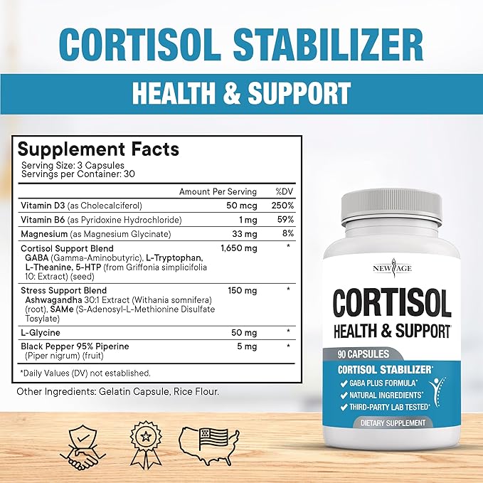 NEW AGE Cortisol Supplement for Women - Cortisol Detox Manager Reducer- Ashwagandha, GABA, 5 HTP, L-Tryptophan, L-Theanine - 90 Count
