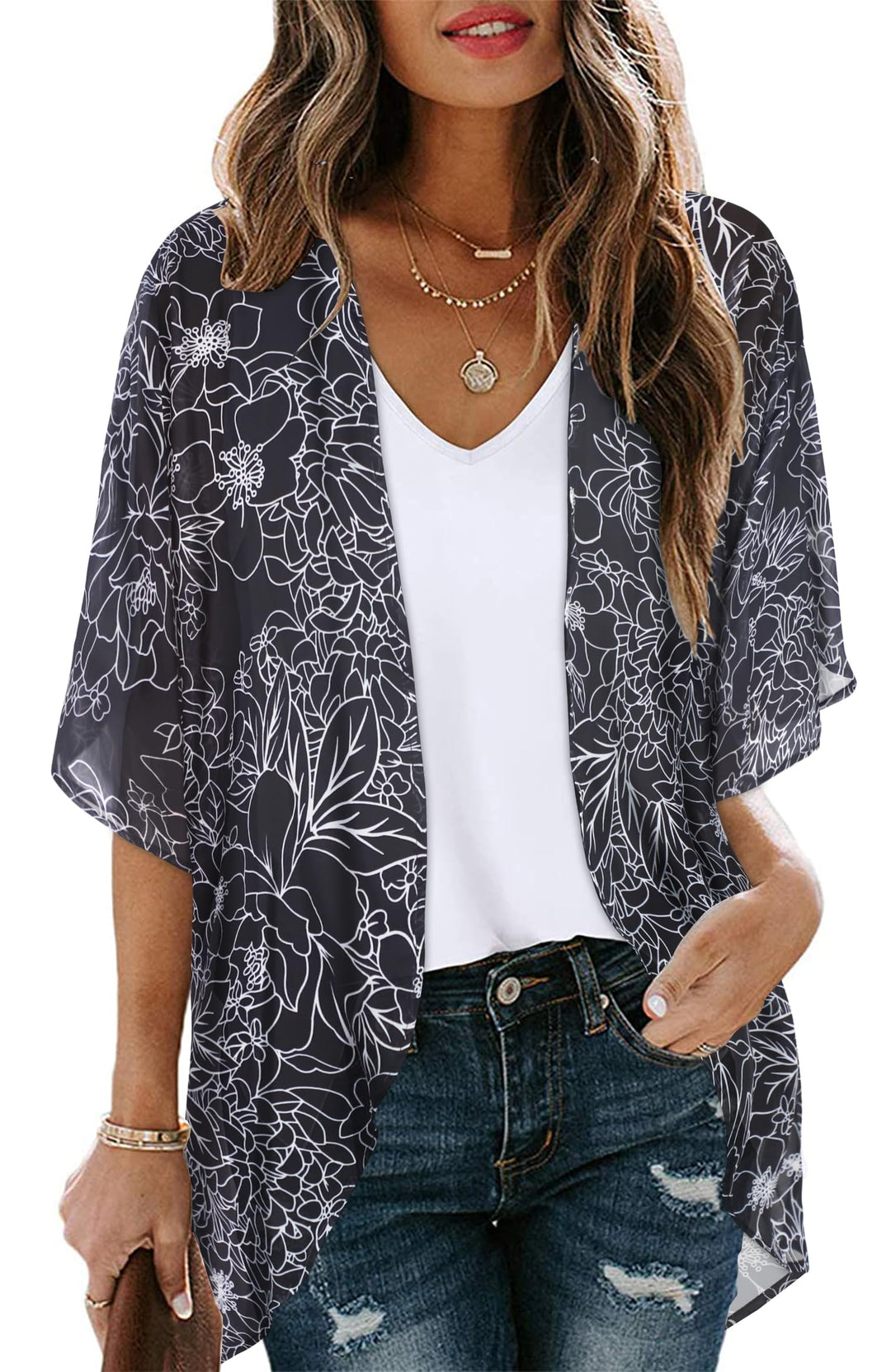 Womens Floral Kimono Cardigans Loose Puff Sleeve Casual Beach Coverups Tops (Black Brief Flowers,S)