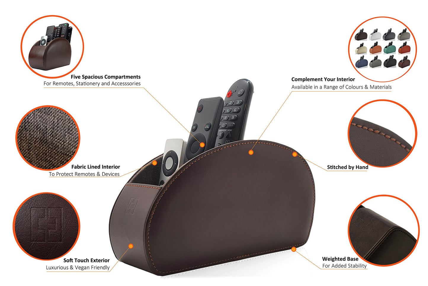 Connected Essentials Remote Control Holder Brown 5 Compartment TV Remote Organiser and Office Tidy, Living Room and Bedroom TV Control Storage Caddy CEG-10