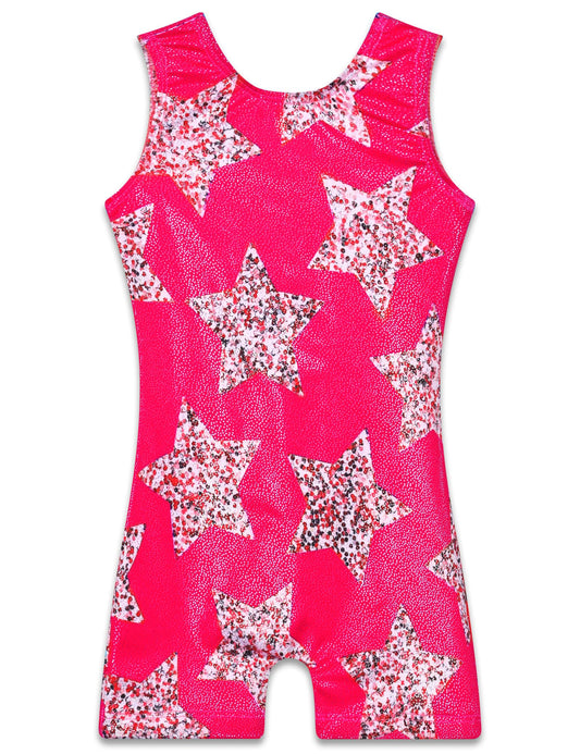 TENVDA Gymnastics Leotards for Girls 6-7 Years Old Sleeveless Biketard Sparkly Hotpink Stars Printed Kids Tumbling Unitard