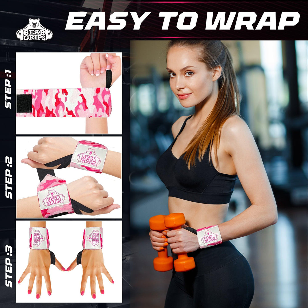 Bear Grips Extra Strength Gym Wrist Wraps for Weightlifting | 2 Wrist Wraps Per Pack | 12" & 18" | Pink, Polyester Material | Unisex