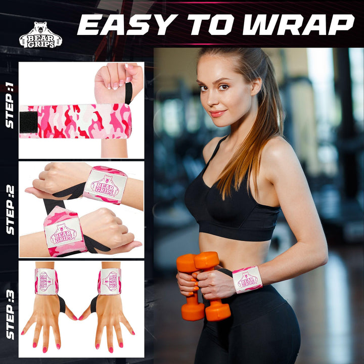 Bear Grips Extra Strength Gym Wrist Wraps for Weightlifting | 2 Wrist Wraps Per Pack | 12" & 18" | Pink, Polyester Material | Unisex