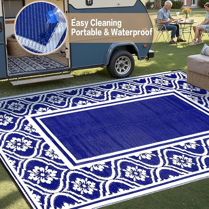 Plastic Outdoor Rug 6'x9' Waterproof Camping Carpet Outside Area Rug Reversible Light Blue Rugs for RV Deck Entryance Porch Picnic Balcony Beach