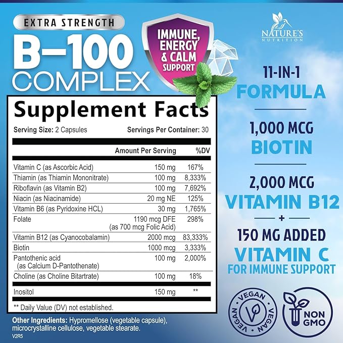 Vitamin B Complex Capsules with Vitamins B6 B12 B100 C Biotin Folate & Folic Acid - Supplement for Heart, Brain, & Nerve Support - Super Complete B-Complex for Immune & Energy Support - 60 Capsules