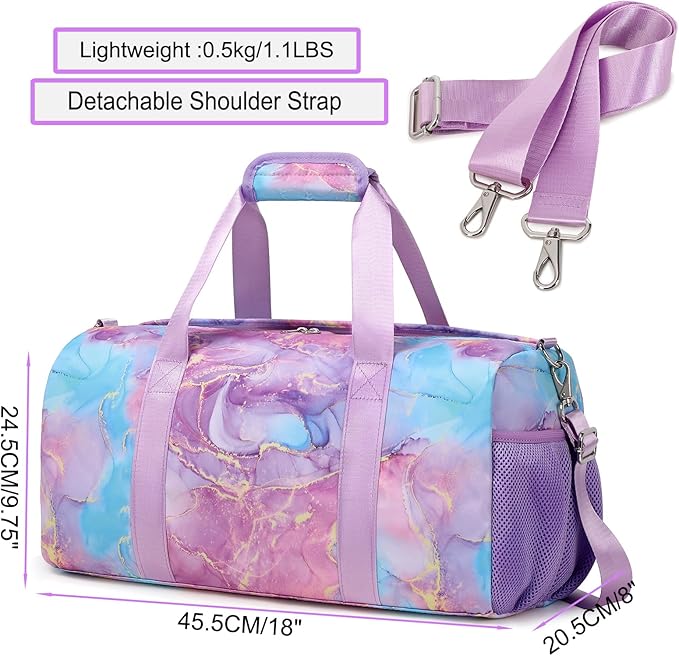 Gym Bag Sports Duffle Bag Dance Bag Ballet Bag with Separate Dry Wet Pocket and Shoes Compartment Weekender Overnight Bag Travel Foldable Bag for Girls Teen Women(Purple)
