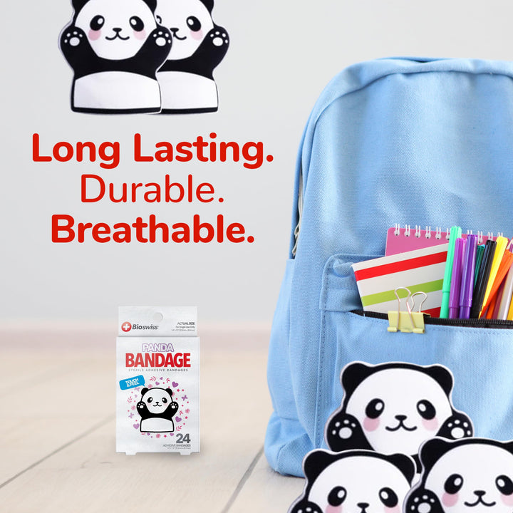 BioSwiss Bandages, Kids Self Adhesive Bandages, Animal Shaped Latex Free Sterile Wound Care Bandage Pack, 24 Count, Panda