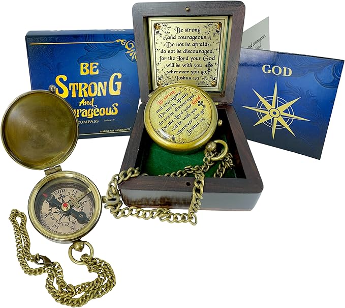Bible Verse Brass Compass – “Be Strong and Courageous” (Joshua 1:9) | Christian Gift for Graduation, Baptism, Confirmation – Religious Keepsake for Boys, Girls, Teens, Men, Pastors & Church Events