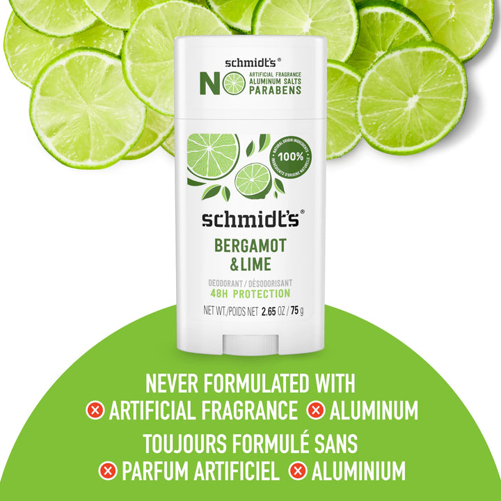 Schmidt's Aluminum Free Natural Deodorant for Women and Men, Bergamot and Lime with 24 Hour Odor Protection, Certified Natural, Vegan, Cruelty Free, 2.65 oz