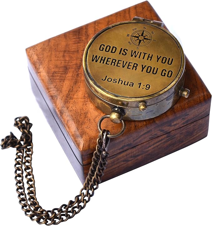 Be Strong and Courageous (Joshua 1:9) Brass Compass with wooden Box-Engraved Scripture Prayer Compass Religious Gift for Men & Women - Baptism, Confirmation, Communion Compass for Boys Graduation Gift