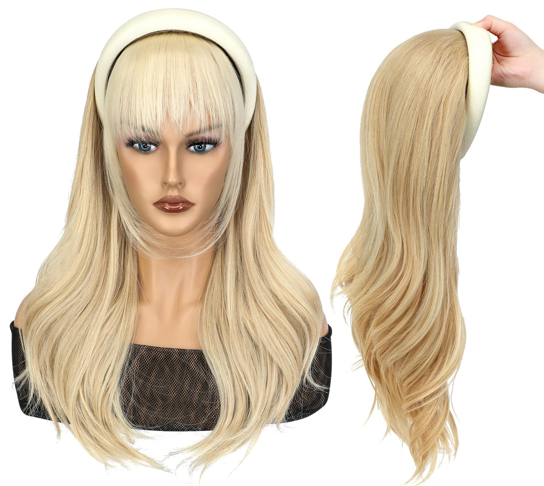 Soulwigger 22 inch Synthetic Beige Headband Hair Wig Curly Body Wave Glueless Ash Blonde mix Bleach Blonde Wigs For Women With None Lace Front