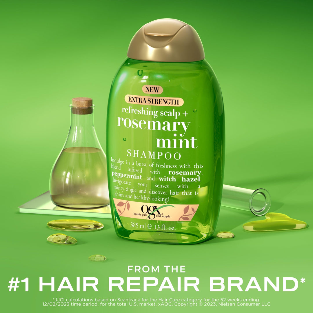 OGX Extra Strength Refreshing Scalp + Rosemary Mint Shampoo, Clarifying Wash Visibly Helps Remove Oil & Residue to Clear Away Buildup, Sulfate-Free Surfactants, 13 fl. Oz