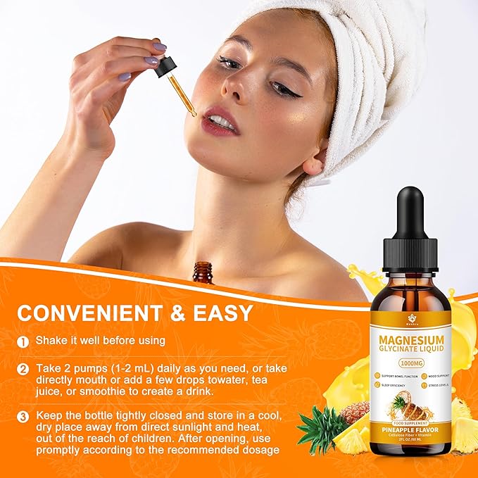 Magnesium Glycinate Liquid Drops. High Absorption Magnesium Liquid Supplement, with Cellulose Fiber, Vitamin B6, C, D, Zinc,for Sleep, Nerve, Energy, Muscle, Bone, Calm & Digestion, 2 Fl oz