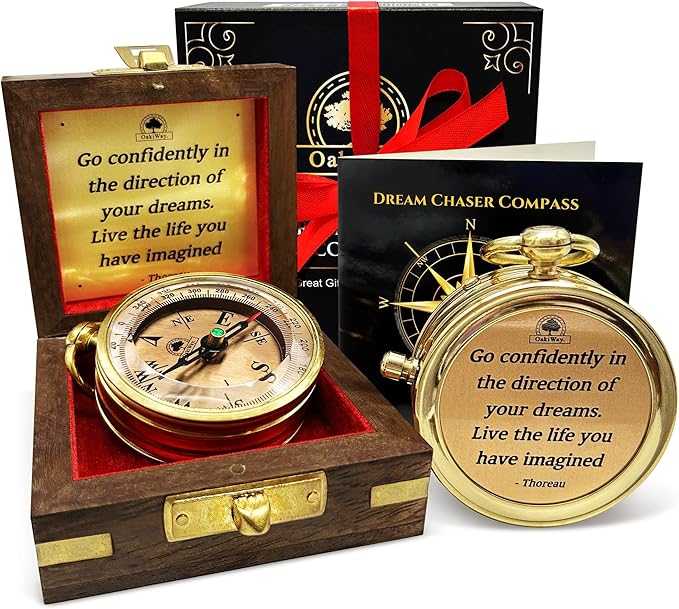 The Dream Chaser Compass in Wooden Box - 2025 Graduation Gifts for Him, College, High School, Birthday Gift Idea for Son, Boys, Daughter - Greeting Card Included, Inspirational, Motivational Present
