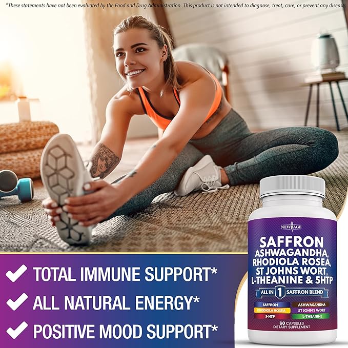 NEW AGE Saffron Supplements with Ashwagandha - Support with L-Theanine, Ginkgo Biloba, St. John's Wort, Rhodiola Rosea & 5-HTP - Saffron 120 Count