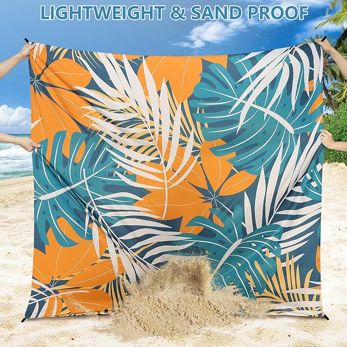 Beach Blanket Waterproof Sandproof Beach Mat 79”x 83” for 1-4 Adults Quick Drying Durable Outdoor Picnic Mat for Beach Festival Travel Camping Hiking (BK&GN&O-Palm, 79"×83"(4 Person))
