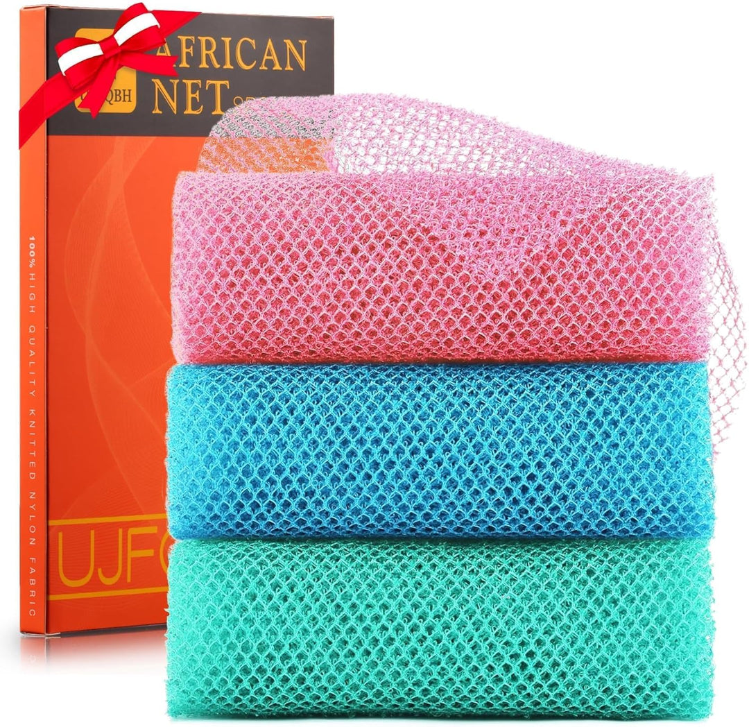 3-Piece African Net Bath Sponge Set | Exfoliating Body Scrubber | Blue