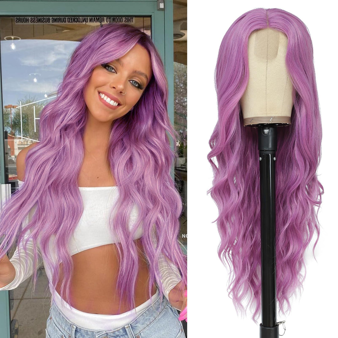 NAYOO Long Purple Wavy Wig for Women 26 Inch Middle Part Curly Wavy Wig Natural Looking Synthetic Heat Resistant Fiber Wig for Daily Party Use (Purple)