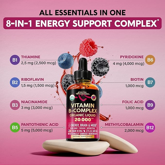 USDA Organic Vitamin B-Complex B5 Pantothenic Acid | B12 Methylcobalamin | B1 Thiamine | B6 Pyridoxine | B7 Biotin | B9 Folic | B3 Niacinamide - B Complex Liquid Drops, Made in USA Supplement, 2fl oz