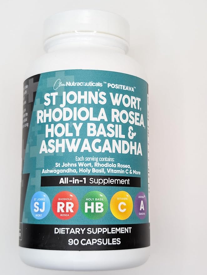 Clean Nutraceuticals St Johns Wort Rhodiola Rosea Holy Basil Ashwagandha - Mood Support for Women and Men with Vitamin C & Black Pepper Extract - 90 Caps
