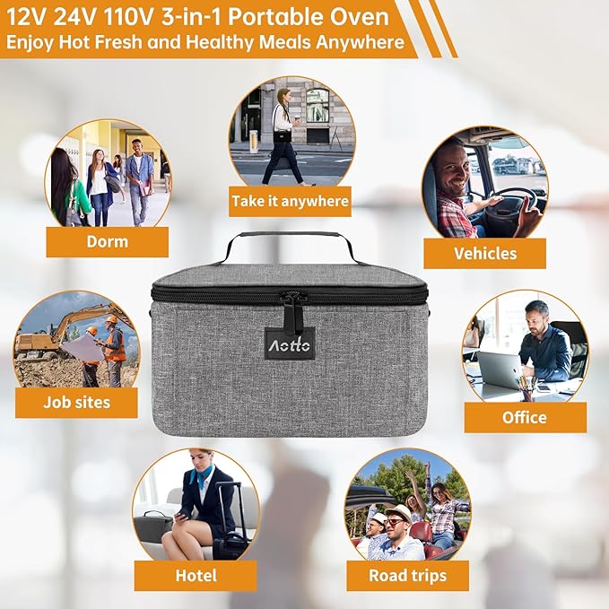 Aotto Portable Oven, Electric Lunch Box Food Heater - 12V/24V/110V 3-in-1 Car Food Warmer - Heated Lunch Box for Adults - Cook, Reheat & Keep Meals Warm for Car, Truck, Travel, Work, Home - Grey