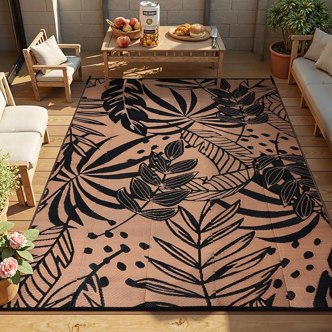 Anidaroel Leaf Outdoor Rugs 6x9ft for Patios Clearance Waterproof, Reversible Tropical Plastic Straw Camping Mat Outside Rug, Large Outdoor Area Rug for RV, Deck, Balcony, Picnic(Black/Brown,6'x9')