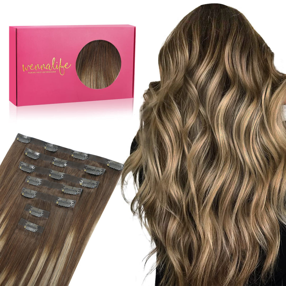 Wennalife Seamless Clip In Hair Extensions, 22 Inch 7Pcs 150G Balayage Chocolate Brown To Honey Blonde, Pu Skin Weft Real Human