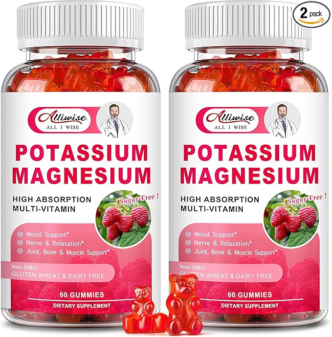 Potassium Magnesium Supplement Gummies with Potassium Citrate & Magnesium Glycinate for Bone & Muscle Relaxation,Mood & Energy Support.High Absorption Vitamin B6, D3, C.Raspberry Flavor