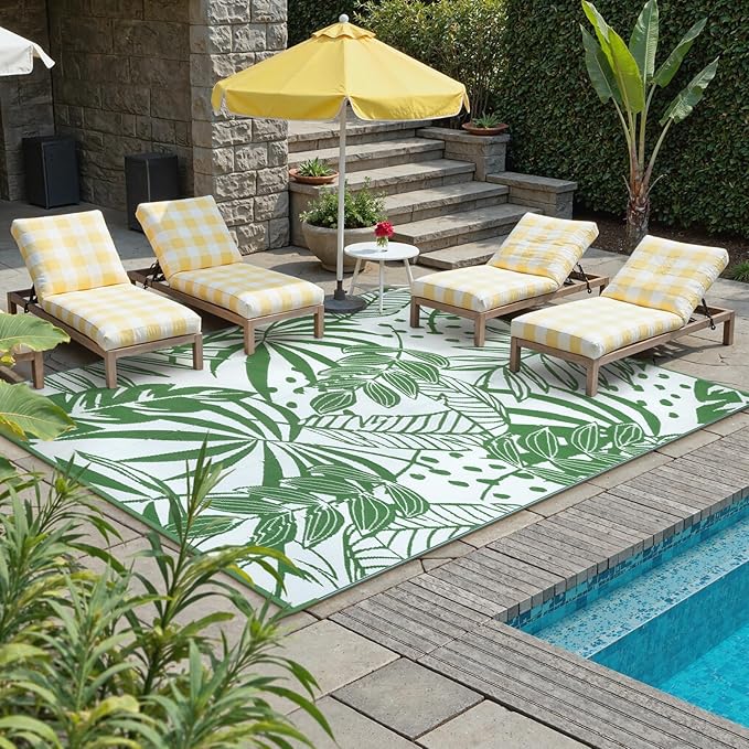 Anidaroel Leaf Outdoor Rugs 6x9ft for Patios Clearance Waterproof, Reversible Tropical Plastic Straw Camping Mat Outside Rug, Large Outdoor Area Rug for RV, Deck, Balcony, Picnic(Green,6'x9')