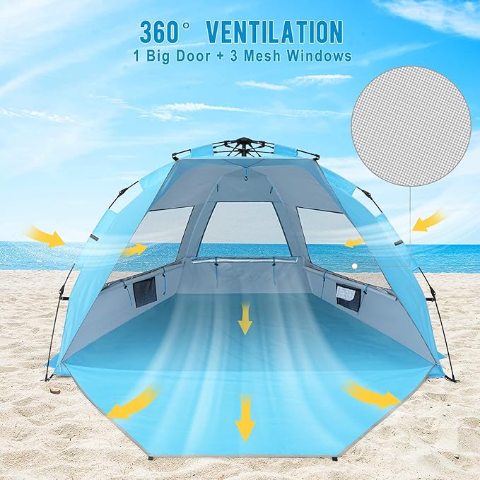 G4Free 3-4 Person Beach Tent Pop Up Shade, Lightweight UPF 50+ Beach Sun Shelter Family Size, Easy Setup and Portable Sun Shade Canopy Cabana(Bright Silver)