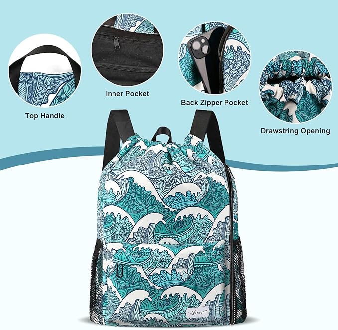 Drawstring Backpack with Mesh Pockets String Gym Bag Sackpack Sandproof Water Resistant Beach Backpack for Men Women