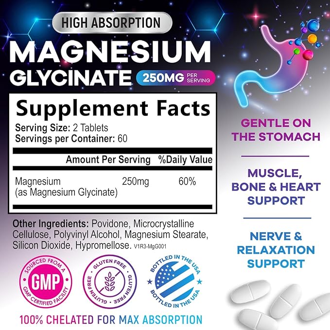 Magnesium Glycinate Chelated for Max Absorption - Supports Bone, Muscle, Nerves & Heart Health, Nature's Sleep and Stress Support, Best Magnesium Supplement Pills for Whole Body Support - 120 Tablets