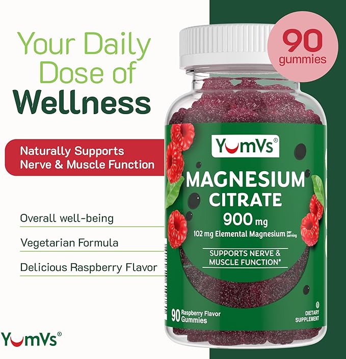YUM-V'S Magnesium Citrate Gummies - 900mg Magnesium Citrate (102mg of Elemental Magnesium) Highly Absorbable Citrate, Supports Nerve, Enzyme & Muscle Function - 90 Count
