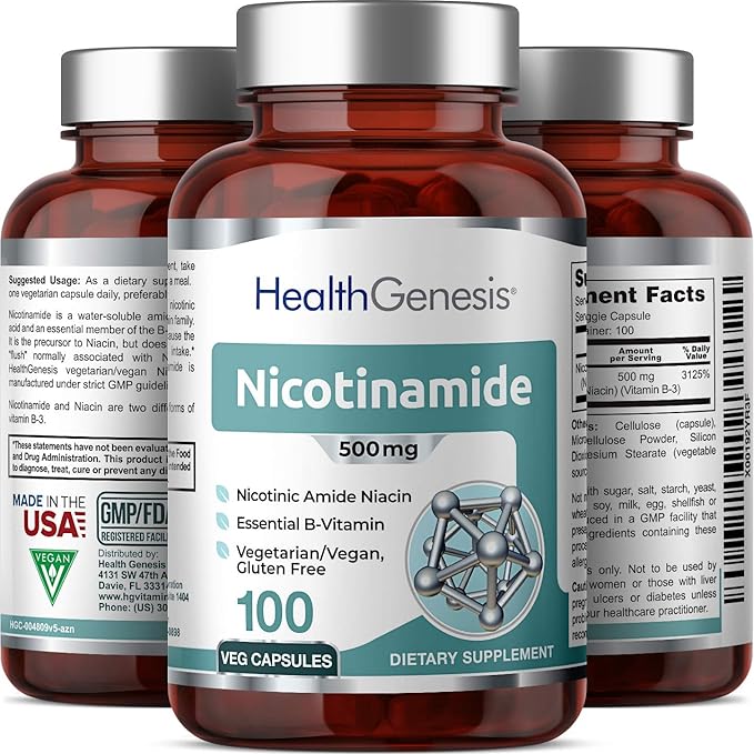 B-3 Nicotinamide 500 mg 100 Vcaps - Nicotinic Amide Niacin Natural Flush-Free Vitamin Formula - Supports Skin Cell Health