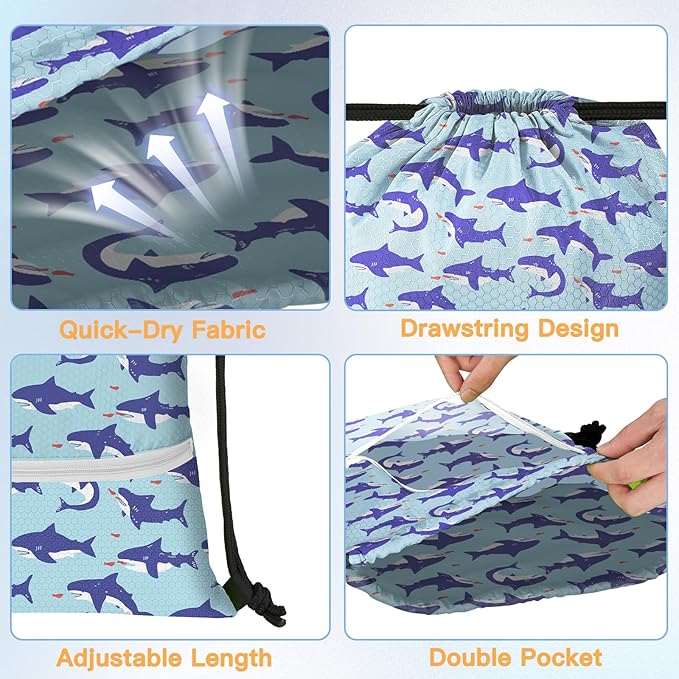 Slohif Drawstring Backpack Beach Swim Bag for Kids Little Sharks Draw String Dance Travel Cinch Ballet Gym Bags for Girls Boys Waterproof Backpack for Swimming Summer Camp Pool Sports Nylon Large