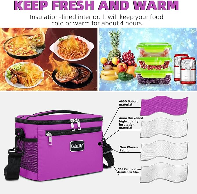 BEIMILY Lunch Bag for Women/Men,Reusable Lunch Box Small Cooler Bag Soft Sided,Leakproof Cooler Bag for Office Work Picnic Beach with Adjustable Shoulder Strap (rose purple), 2311A