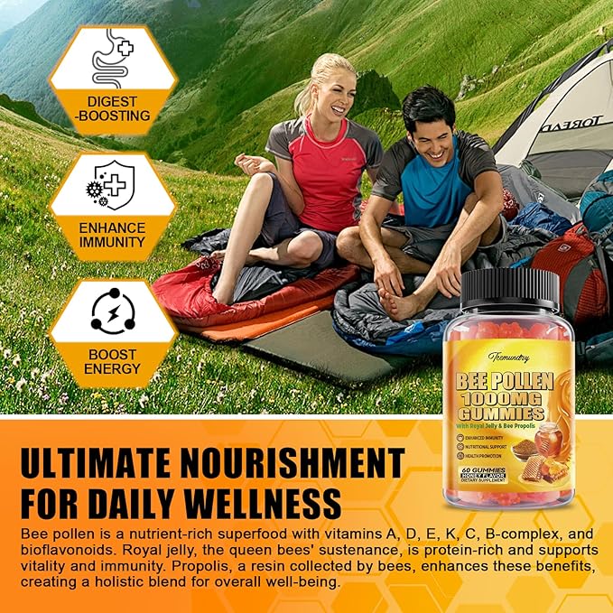 Bee Pollen 1000MG Gummies with 500MG Royal Jelly & Bee Propolis, Sugar Free Bee Pollen Supplement Rich in Vitamin C & E, Vegetarian, Non-GMO, Gluten Free, Support Immunity & Skin Health