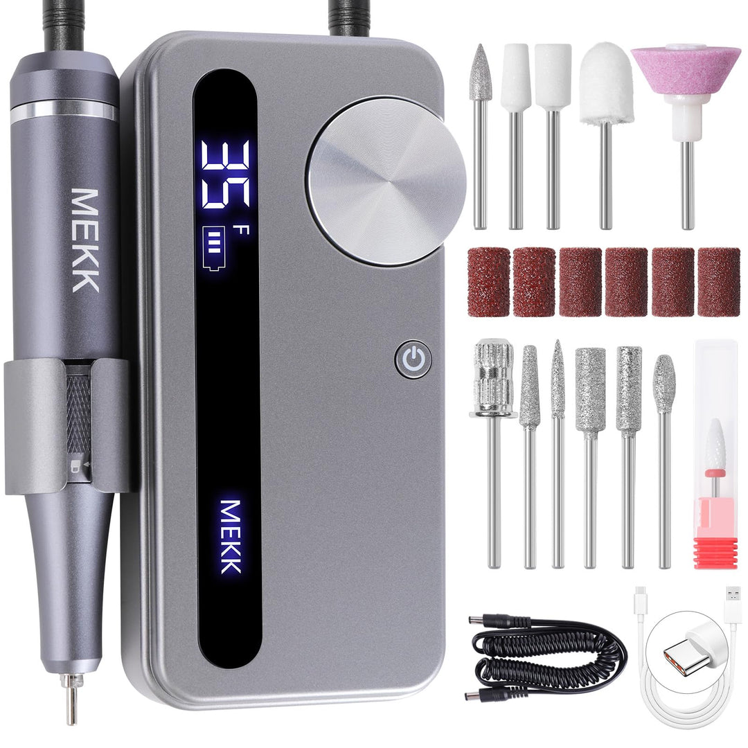 MEKK Electric Nail Drill Professional,35000RPM Cordless Electric Nail File with 12PCS Bits,Anti-Shaking Rechargeable E File Kit for Acrylic Nails,Home & Salon(Sliver)