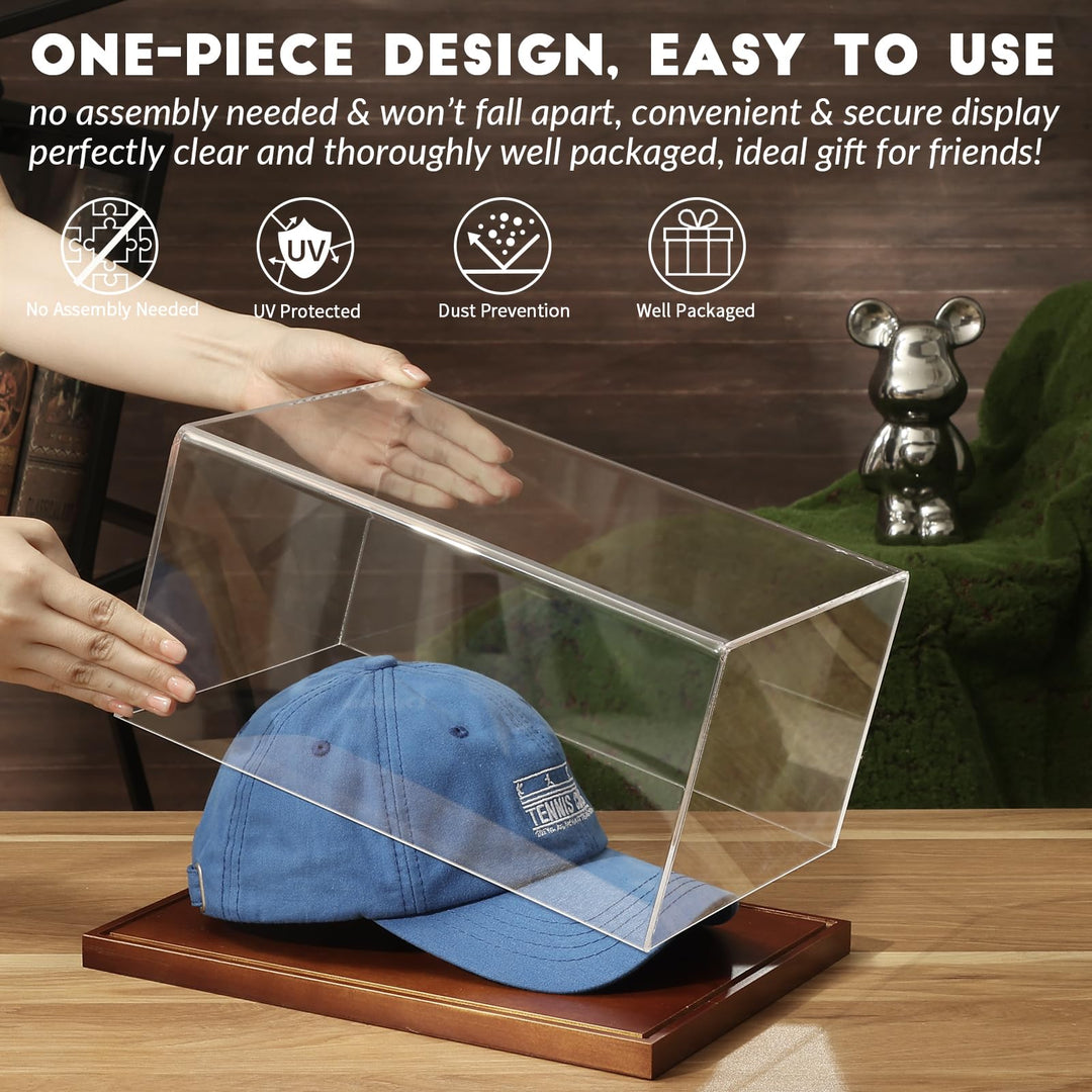 JupDec Hat Display Case, Clear Acrylic Baseball Cap Display Box Stand, UV Protection Signed Hat Transparent Showcase with Solid Wood Base Risers & Hat Shaper, Ideal Gift for Caps Collector