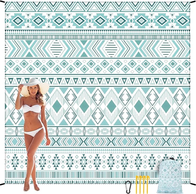 Beach Blanket Sandproof Extra Large Beach Mat Adults Waterproof Quick Drying Sand Free Mat Made by Premium Polyester with 4 Stakes & 4 Corner Pockets for Outdoor Travel Camping Hiking