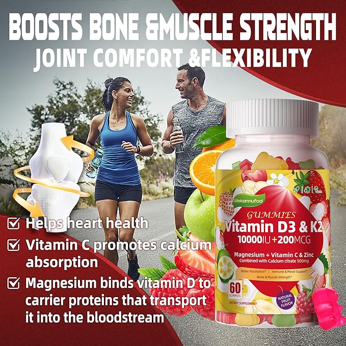 Sugar-Free Vitamin D3 K2 Gummies with Calcium + K2 (MK-7), Magnesium Citrate, Vitamin C, Extra Strength - Ultimate Absorption for Bone Muscle Teeth Immune, Vegan - 60 Gummies