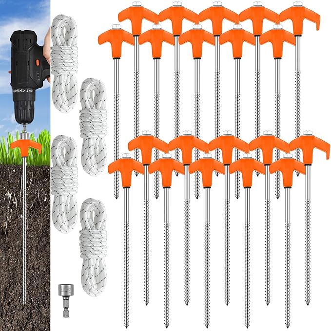 20 Pcs 8'' Screw in Tent Stakes Heavy Duty Camping Stakes Ground Anchors Metal Canopy Stakes Tent Spikes Stake Pegs with 4 x 10 ft Ropes for Sand Hiking Travel with Hex Head Driver(Orange)