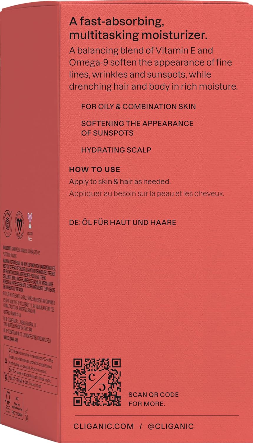 Cliganic 100% Pure Organic Jojoba Oil – Cold Pressed, Hexane Free | 2oz Hair & Face Care