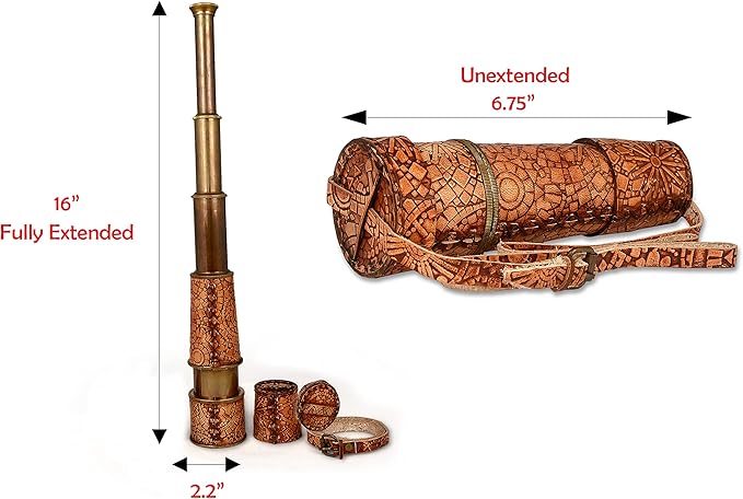 RII Antique Decor Spyglass, Pirate Telescope with Leather Case, Handheld Telescope for Adventure Enthusiasts, Monocular Nautical Decor for Gifting, Travellers, Mandala Vintage, 16"