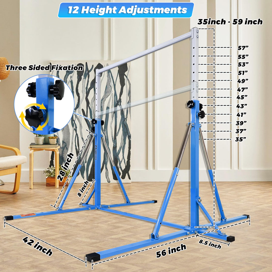 FC FUNCHEER Foldable Gymnastics kip Bar Ages 3-12,Adjustable from 3' to 5', Kids Training bar,Rings-Swing-Mat,Stable Structure-Home Gym Equipment (Foldable with Swing and mat, Blue (Swing with Mat))