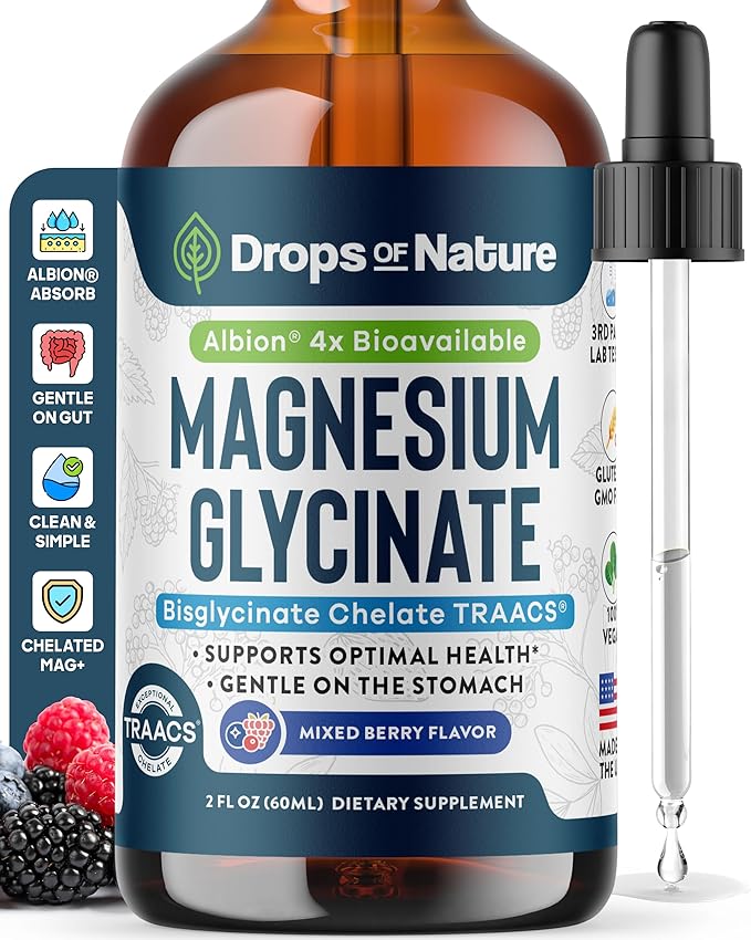 Magnesium Glycinate Liquid Drops – Vegan, GMO-Free & Gluten-Free – Magnesium Supplement for Women & Men – Faster Absorption than Capsules – Daily Support for Muscle and Bone Health (Mixed Berry, 60ml)