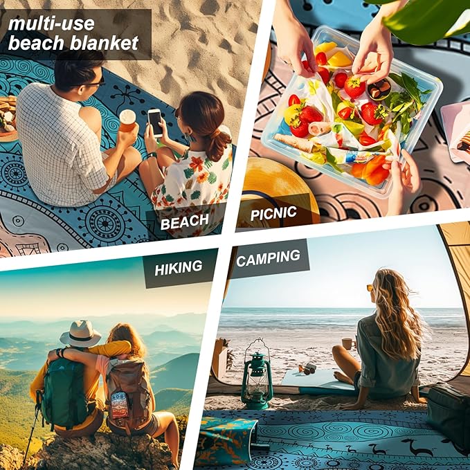 Beach Blanket Waterproof Sandproof, 79" x 83" Extra Large Sand Free Quick Drying Beach Mat, Compact Outdoor Picnic Mat for Travel, Hiking, Camping (Bohemian)